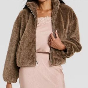 NWT Women's Faux Fur Zip-Up Jacket - A New Day Brown -Small